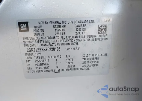 2015 Chevrolet Equinox Ls z USA, uszkodzony, nr VIN 2GNFLEEK3F6320106